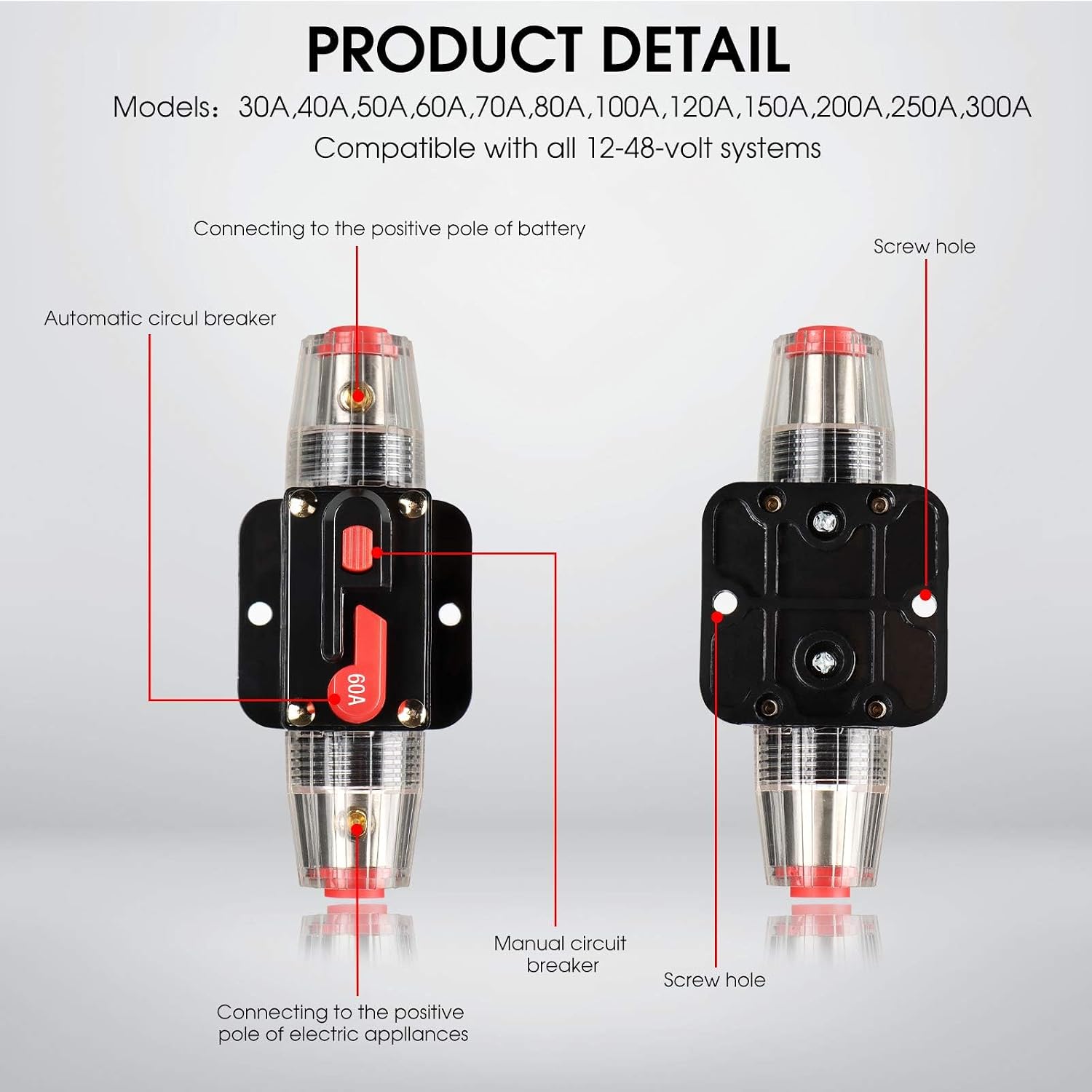 60 Amp Circuit Breaker Switch 60A Waterproof Fuse Inline Holder 3-15 AWG Resettable Fuse Manual Reset 12V-48V DC for Car Audio Sound Amplifier System RV Home Marine Boat Truck