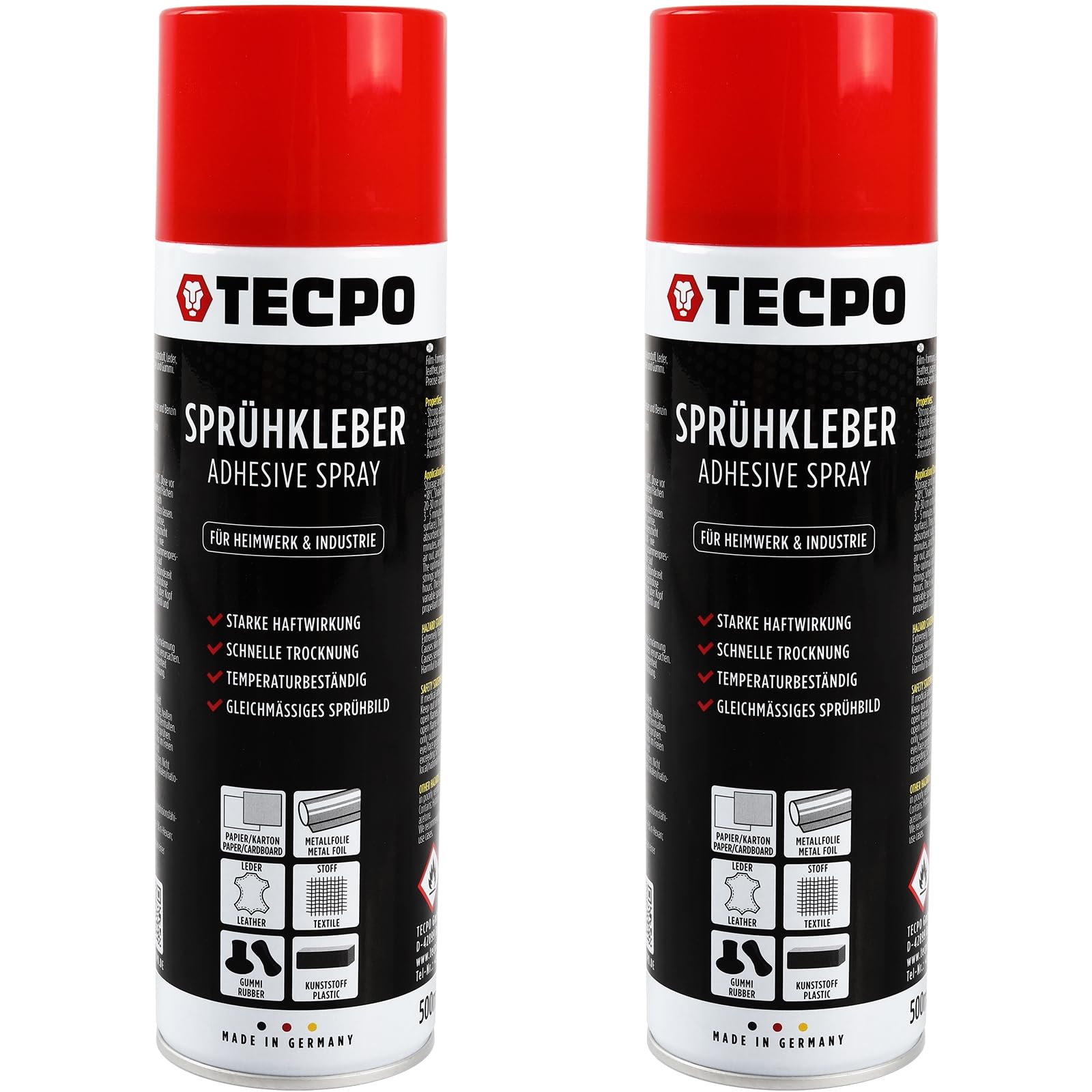 TECPO Lot de 2 flacons de colle en spray 500 ml - Colle industrielle - Colle de contact universelle pour cuir, mousse, plastique, métal, papier, caoutchouc, etc.