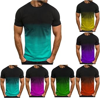 Gradient Color T Shirts for Men UK Sale, Short Sleeve Shirt O-Neck Pullover Casual T-Shirts Running Training Sports Tee Patchwork Colorblock Tops Comfortable Fitness Clothing Streetwear