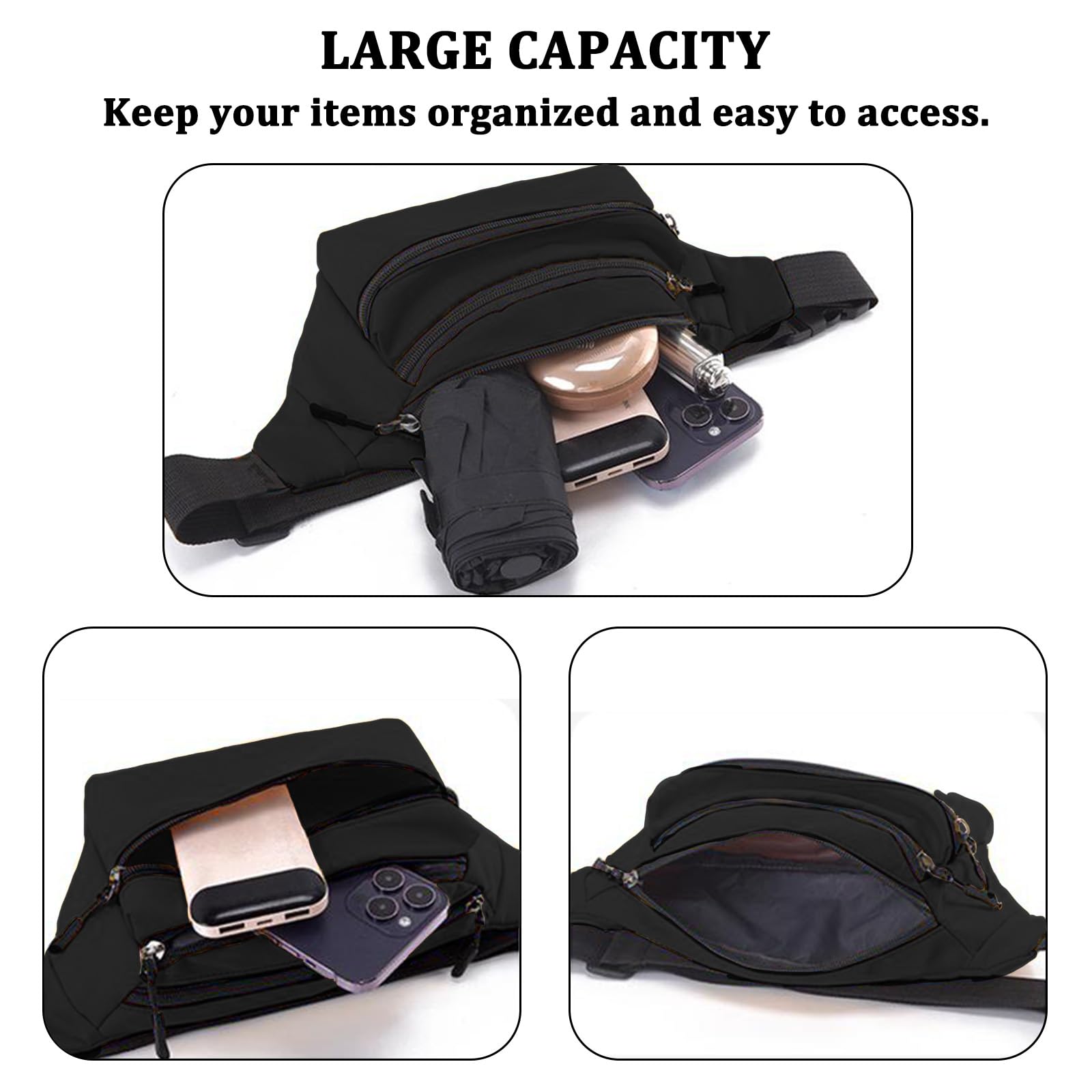 Bum Bag for Men Women Waterproof Waist Pack with Adjustable Belt 3 Zipper Pockets Lightweight Water-Resistant Fanny Pack for Travel Sports Running Hiking — view 4