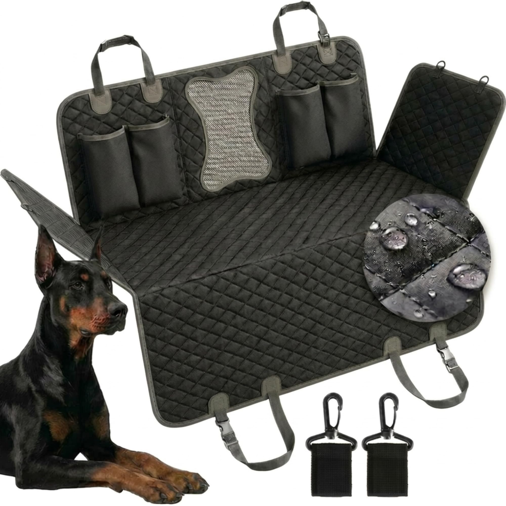 Funda Perro Coche Impermeable para Asiento Trasero, Protector Asiento Coche con Ventana de Malla, Protección Lateral, Base Antideslizante, 2 Correas gratis, Compatible con SUV y Coches (Negro/Gris)