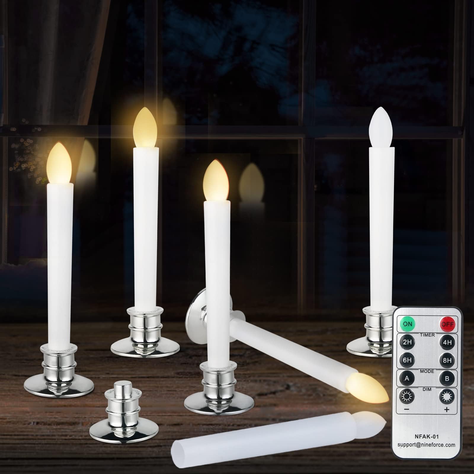 6 Pack Flameless Taper Candles with Remote/Timer, Battery Operated Flickering LED Window Candles, Vintage Christmas Electric Fake Candlesticks, Silver Holder