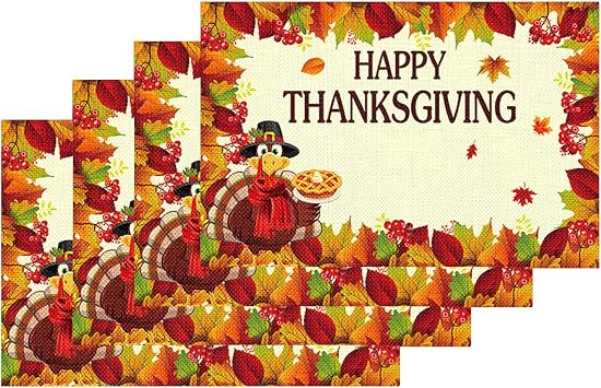 Thanksgiving Placemats Set of 4, Turkey Placemats for Party Supplies, 12 x 18 Inch