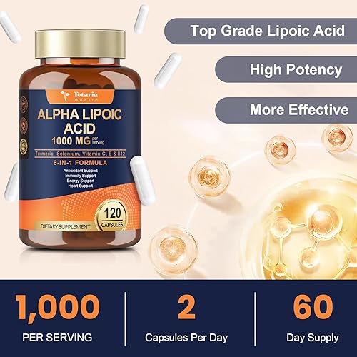 Miniatura 7 de Totaria Ácido alfa lipoico de 1000 mg Suplemento de ALA antioxidante para neuropatía, apoyo a la salud nerviosa, desintoxicación hepática,