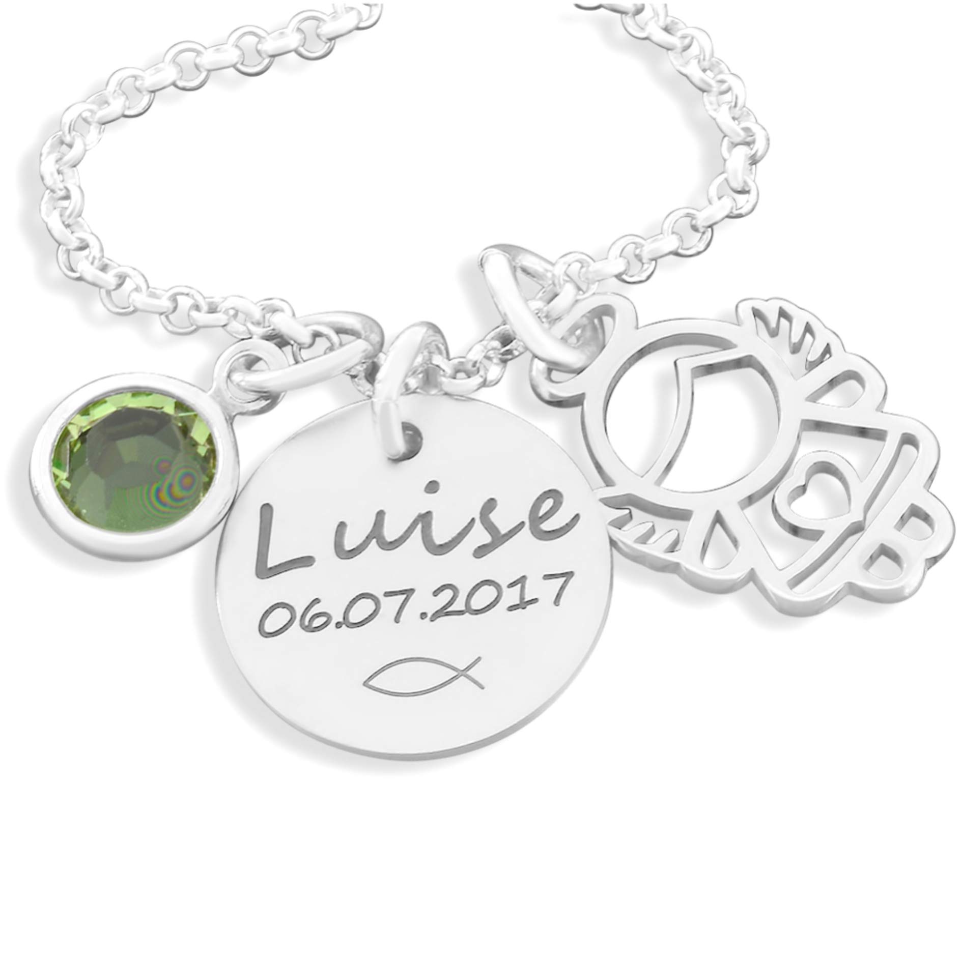 Namenskette Silber mit Gravur und Schutzengelchen Kinderkette Mädchen Taufe Silberkette Namen Engel Kette Geburtsstein Taufkette 925 Silber Schmuck Baby