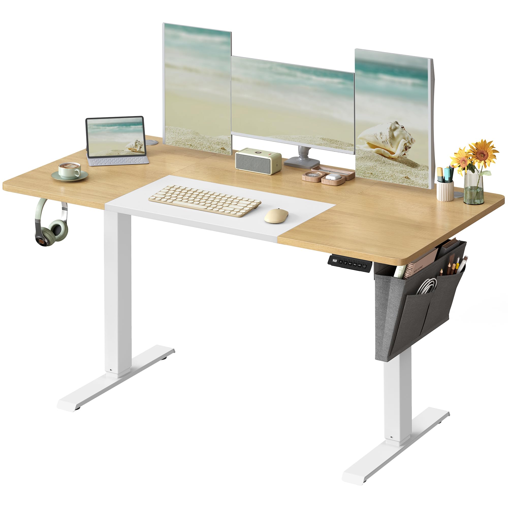 VASAGLE Electric Standing Desk, Height Adjustable Desk, 60 x 140 x (72-120) cm, 4 Memory Heights, Storage Pocket, for Home Office, Study, Natural Oak and Matte White LSD016N11V1