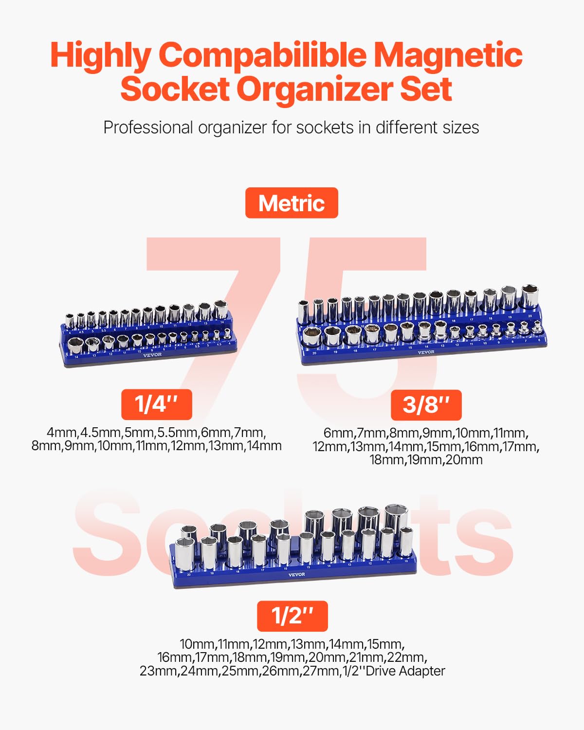 VEVOR Kit Organisateurs Douilles Magnétiques, Lot de 3, Plateaux de Douilles Métriques 1/4'', 3/8'', 1/2'', Étiquettes Transparentes, Capacité 75 Standard et Profondes Non Incluses, Bleu