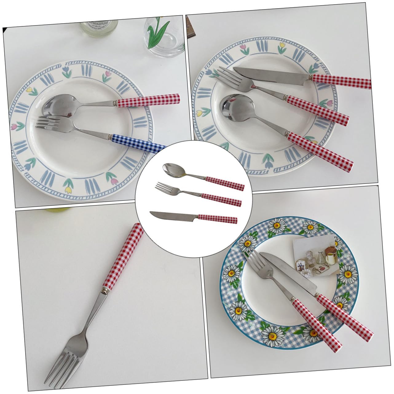 ABOOFAN 2sets Posate Acciaio Inossidabile e Ceramica Stile Francese Per Steak e Dessert Con Manico Ceramica Righe Rosse Per Occasioni Speciali e Cucina Quotidiana
