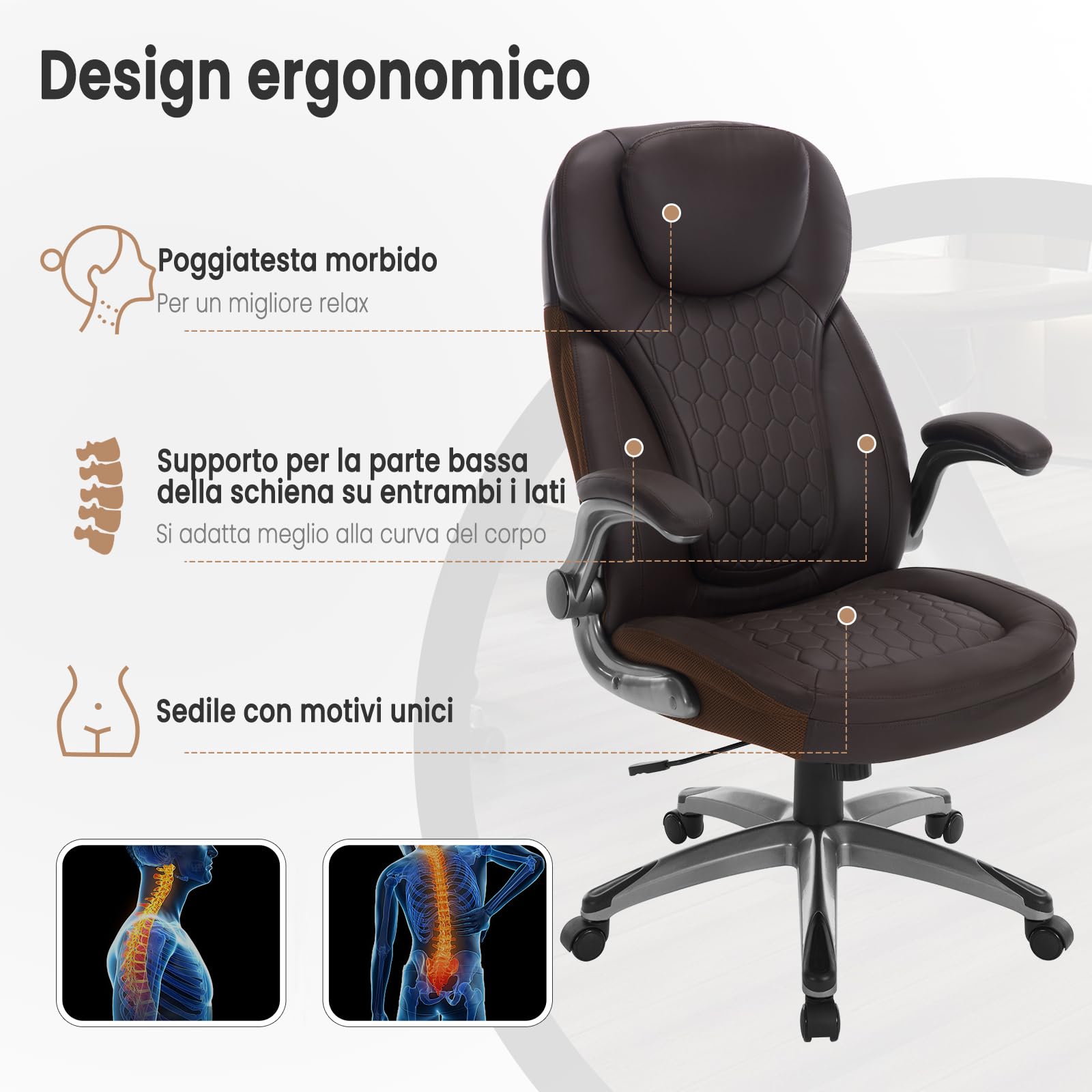 WOLTU Sedia Ergonomica da Ufficio, Poltrona Direzionale, PU, Marrone | con Supporto Lombare, con Funzione Basculante e Braccioli Regolabili, Altezza Regolabile