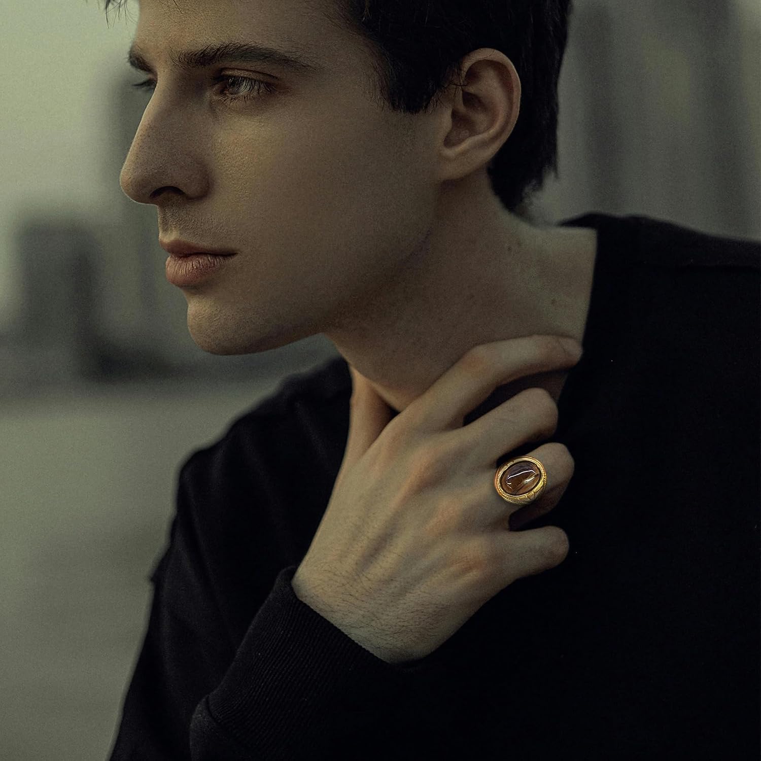 Men's Tiger Eye Oval Signet Ring, Nature Stone Stainless Steel Thumb Rings for Men Jewelry Gift for Him, Size 7-13