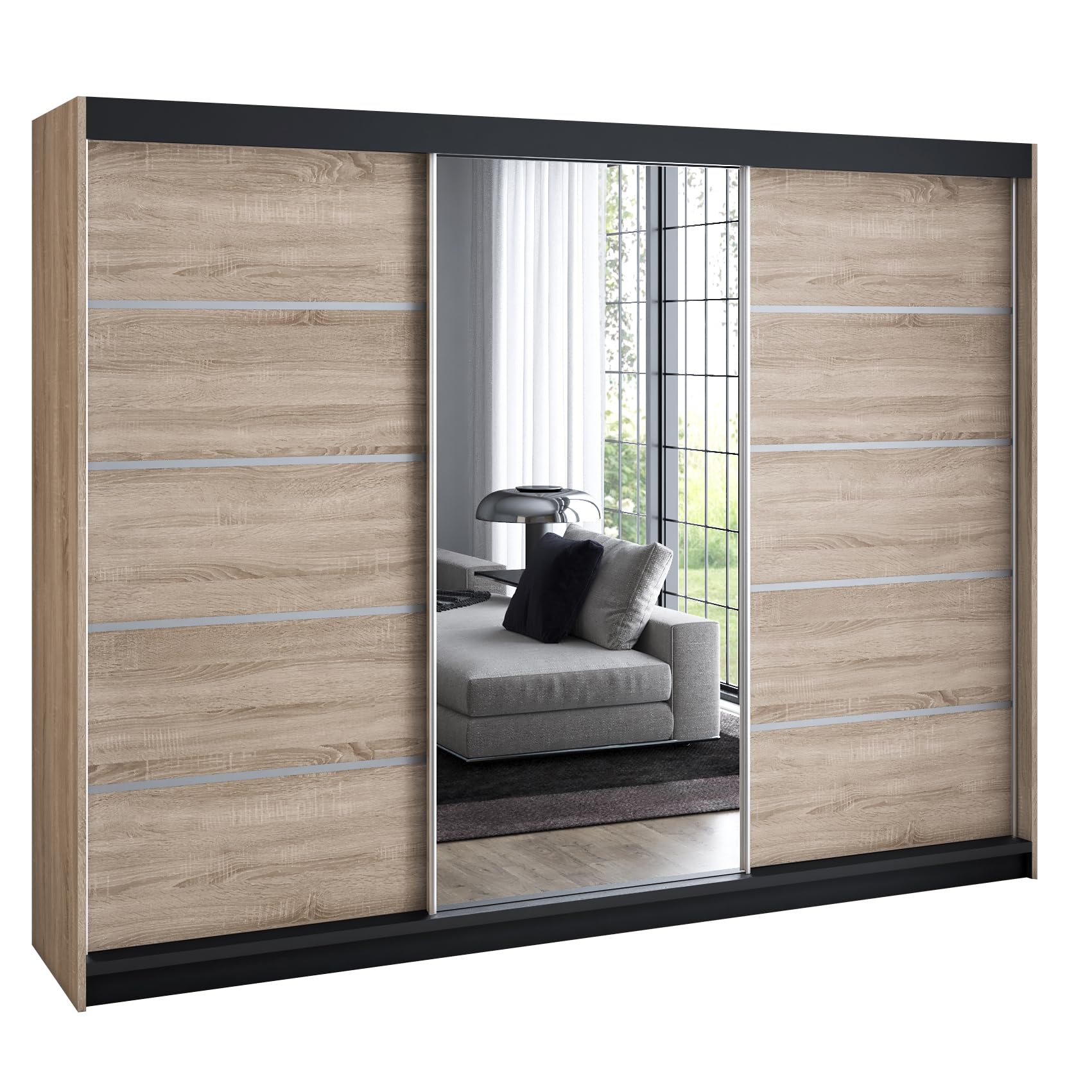 A&J MöbelLand Schwebetürenschrank VILUNO 3 Kleiderschrank 3-türig 200 cm mit Spiegel, 4 Schubladen & 2 Kleiderstangen, Geräumiger Schlafzimmerschrank (Sonoma)