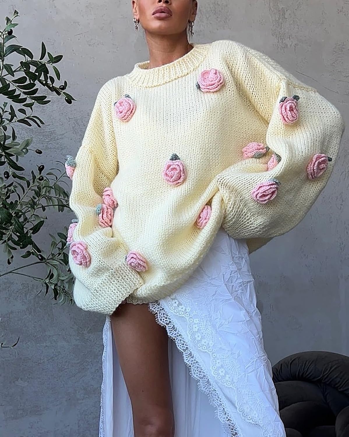 PDLCVD Womens Oversized Sweaters White Handmade Crochet Decal 3D Rose Fall Sweaters for Women Design Inspired Sweater