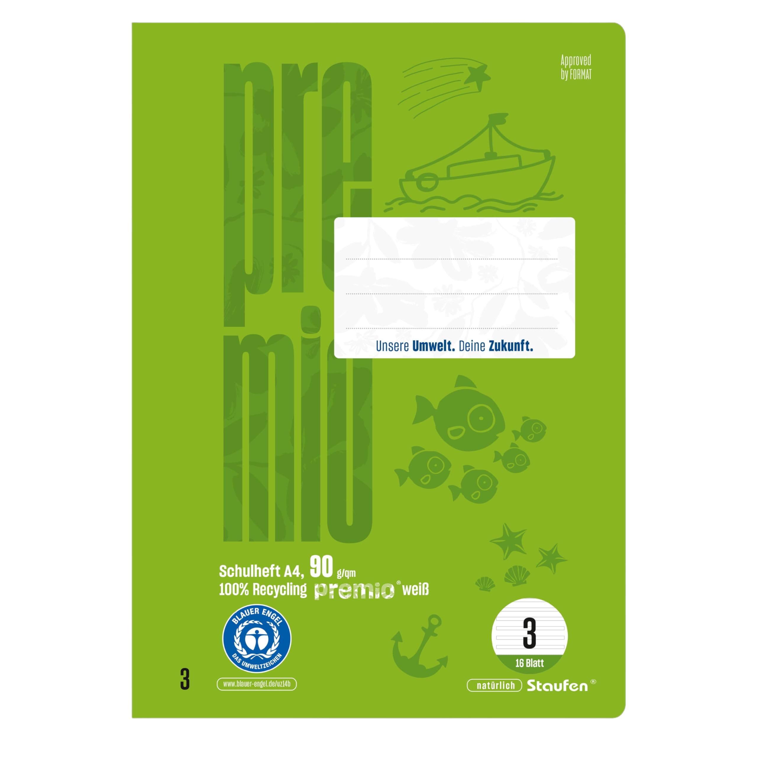 Staufen premio Schulheft - 4 Hefte je 16 Blatt, DIN A4, Lineatur 3 (14 Doppellinien), 90 g/m² Recyclingpapier, runde Ecken verhindern „Eselsohren“