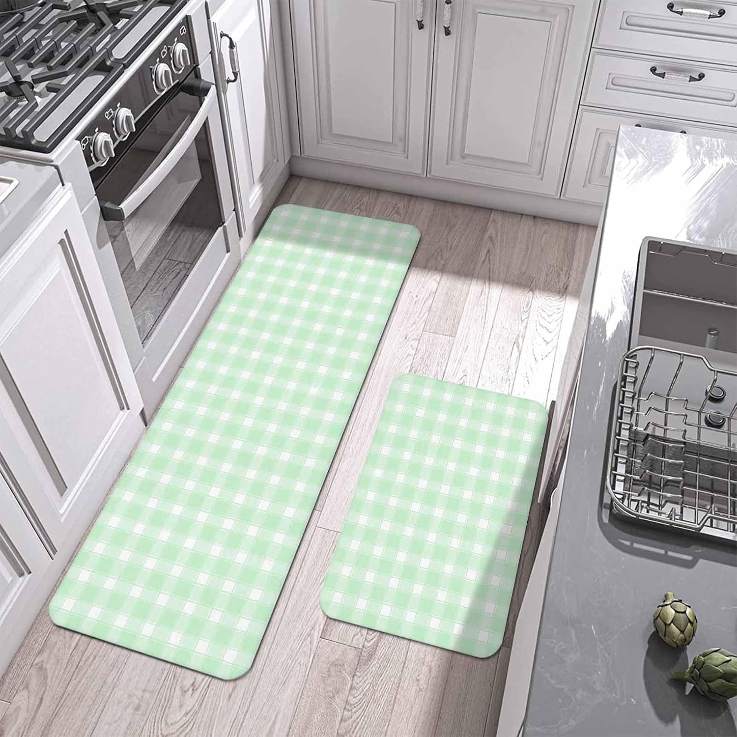 Green White Plaid Kitchen Mat Set 2 Pieces Farmhouse Rustic Country Checkerboard Pattern Non Slip Kitchen Rugs Washable Runner Rug Mats for Floor Sink Laundry Office 19.7" x 31.5"+19.7" x 47.2"