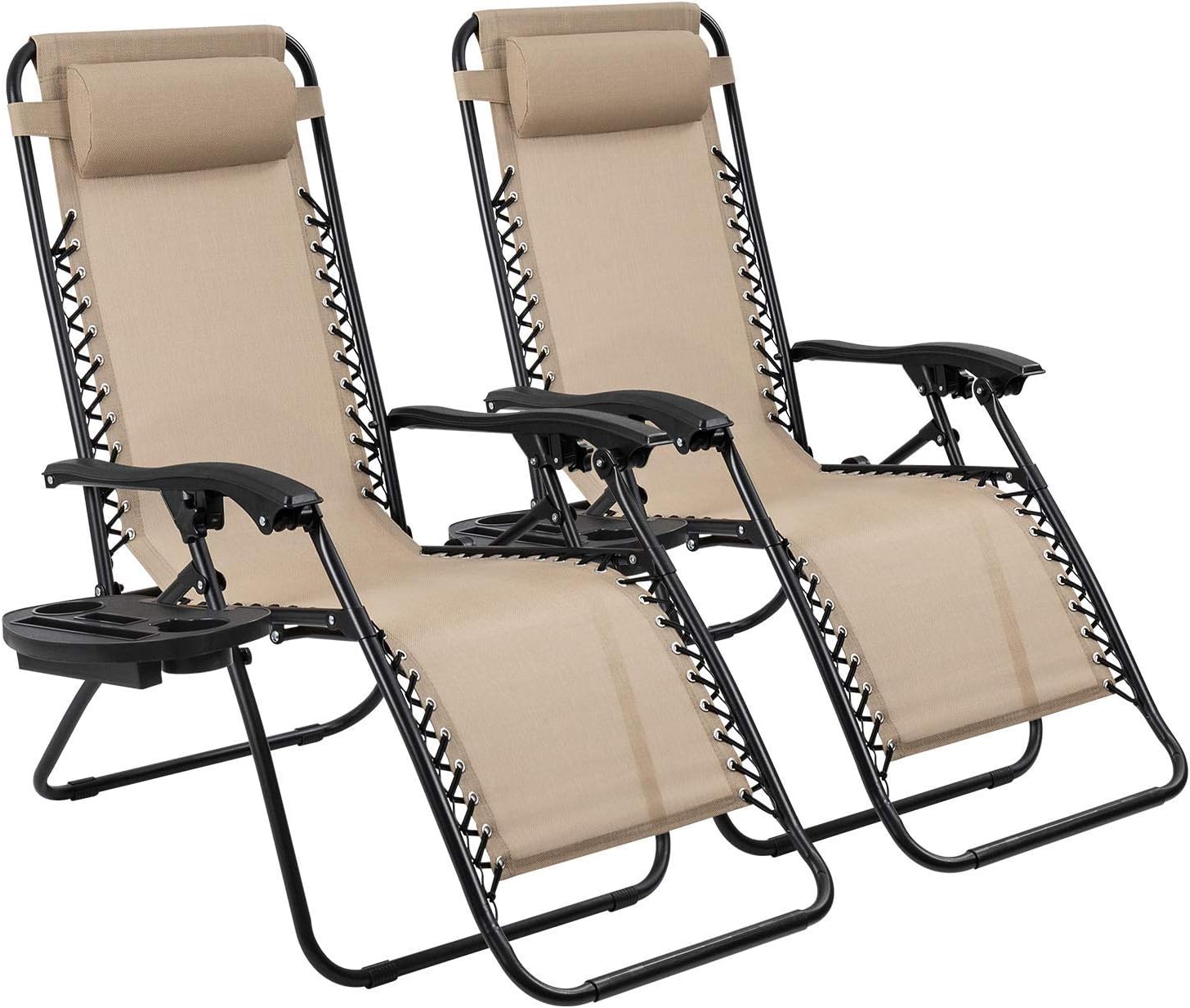 Set of 2 Zero Gravity Lounge Chairs, Outdoor Folding Adjustable Steel Mesh Recliner Chairs with Cup Holder & Removable Pillow for Patio Garden Lawn Beach (Beige)