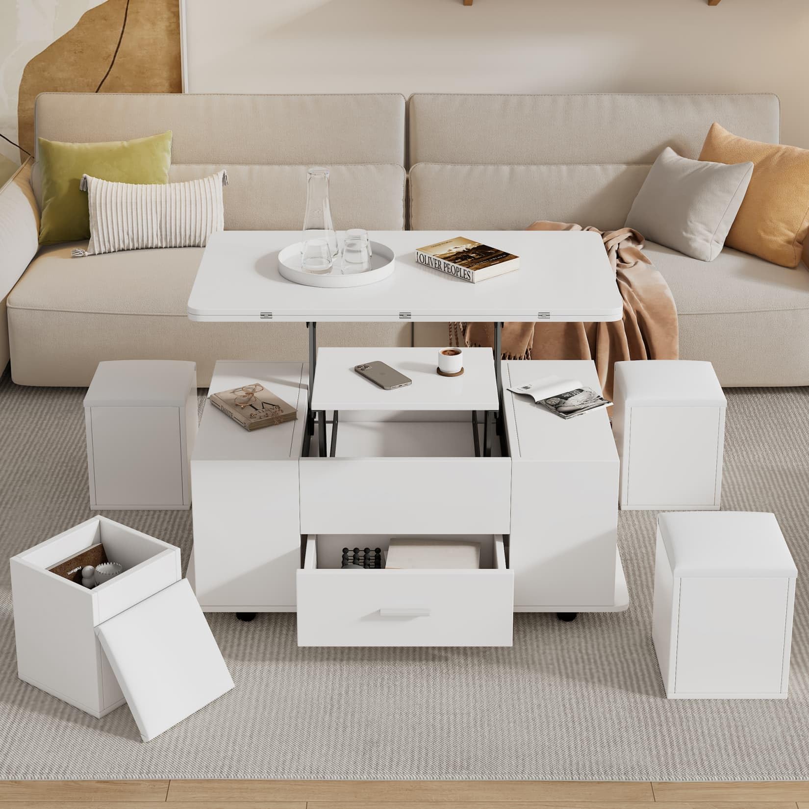 Table de salle à manger pliante et table basse à roulettes 50x100 cm avec 4 tabourets