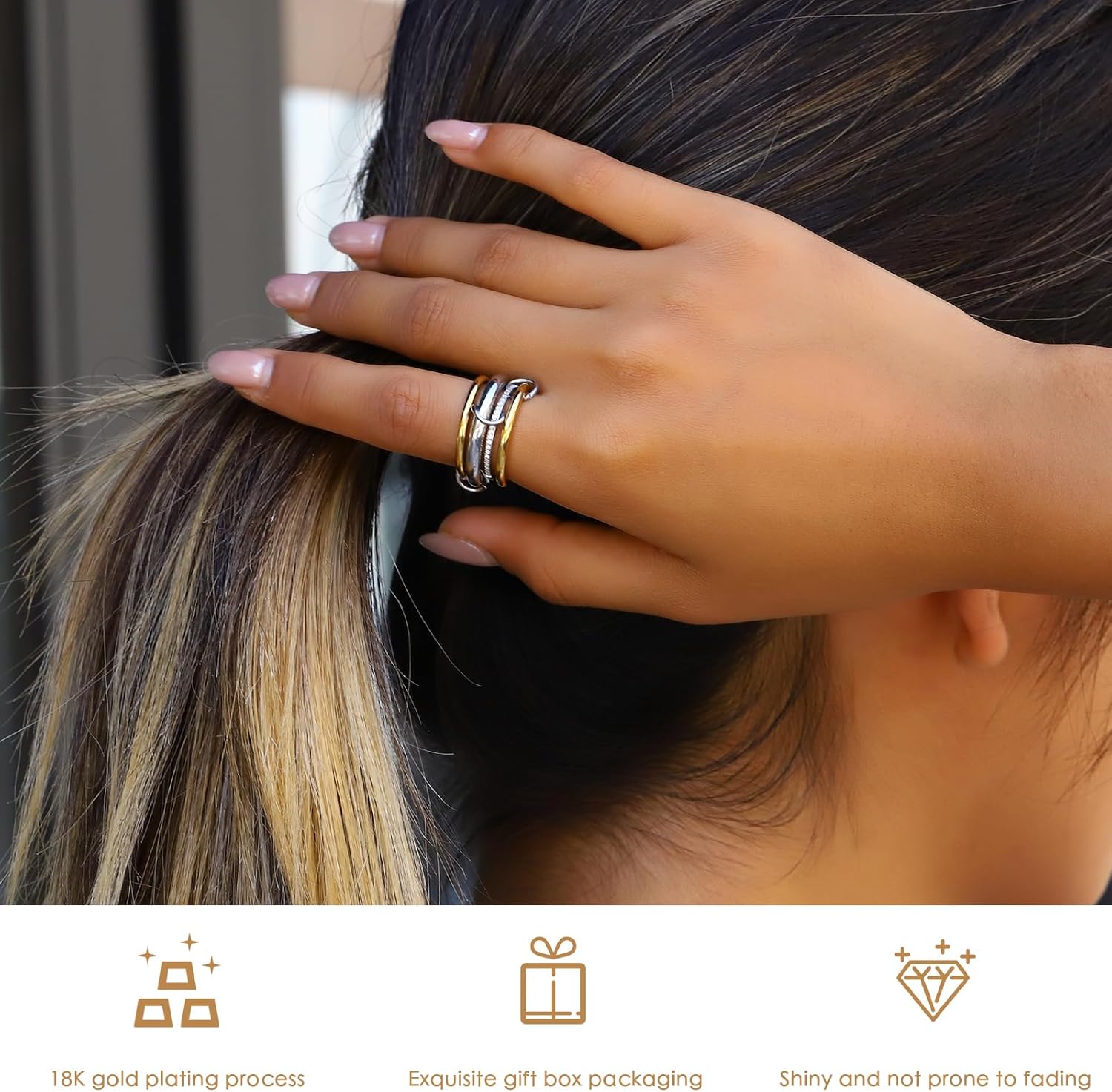 Gold Stackable Rings for Women,18K Gold Plated with Cubic Zirconia,Silver Gold Stacked Multi Ring Interlocking Mixed Stacked Rings for Women Non Tarnish Size 5-10 - Image 4