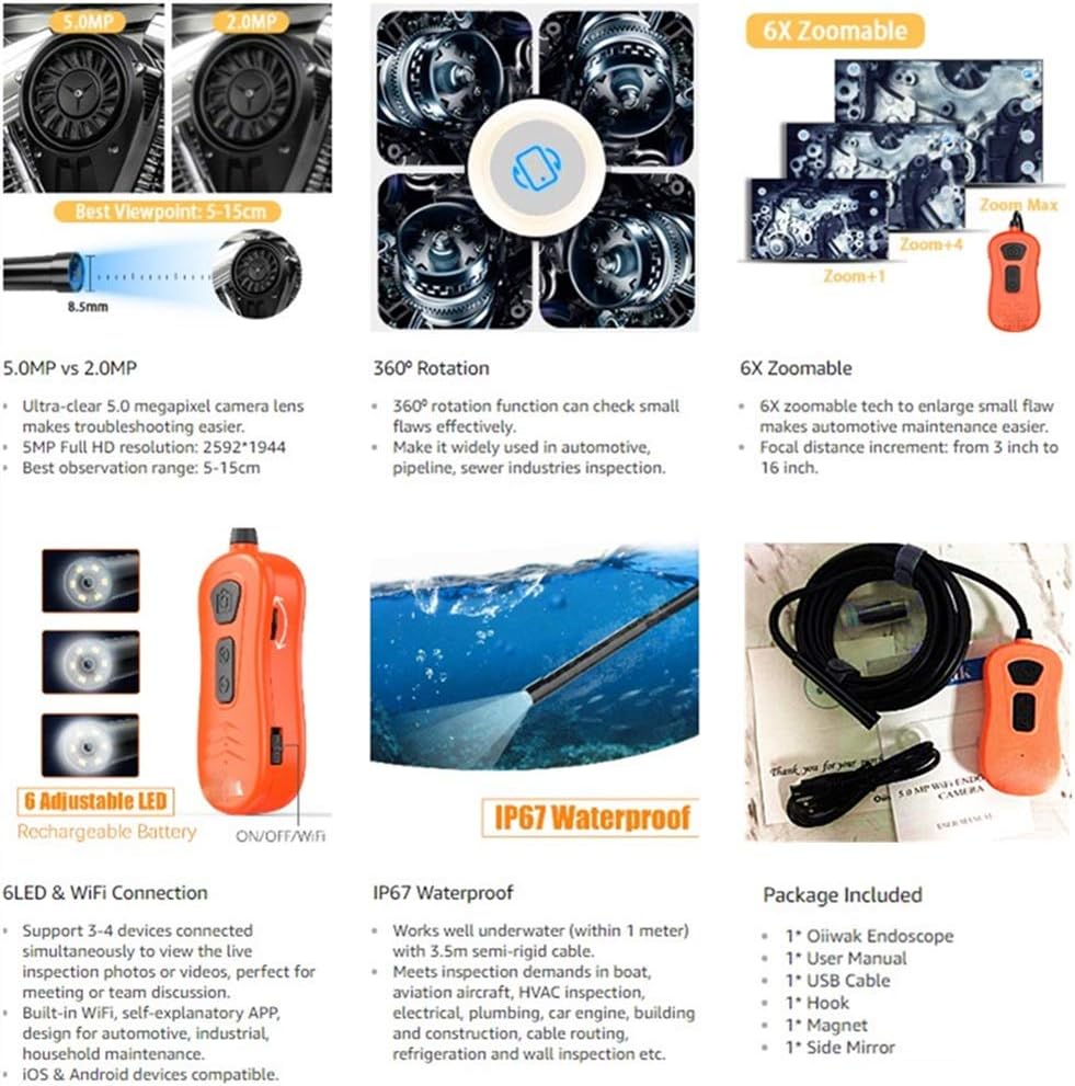 5.0MP 1944P Borescope with Semi-Rigid Cable Camera 6X Zoomable Endoscope Inspection Camera