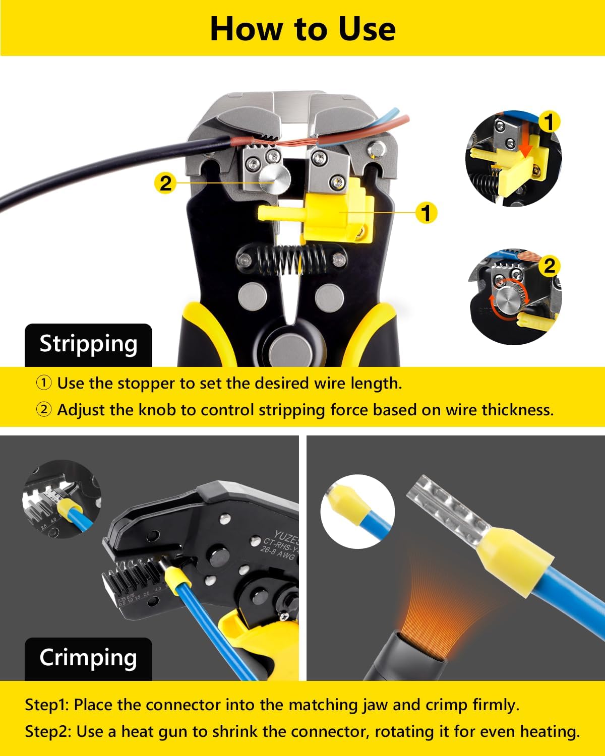 YUZES Automatic Wire Stripper and Crimping Tool Kit for Heat Shrink, Insulated Terminals, Open Barrel, Ferrule, Female Male & Solar Connectors - Ratcheting Wire Crimper with 4 Replace Dies (24-14AWG)