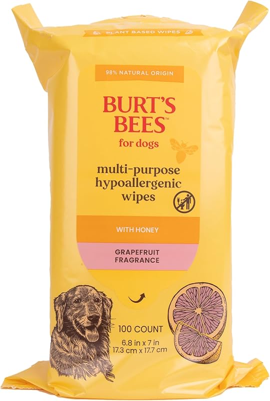 Toallitas multiusos para perros Burt's Bees for Pets, miel y pomelo, 100 unidades | Hipoalergénico, 98 por ciento de origen natural, limpia y desodoriza, fórmula suave, para uso diario en el cuidado personal.