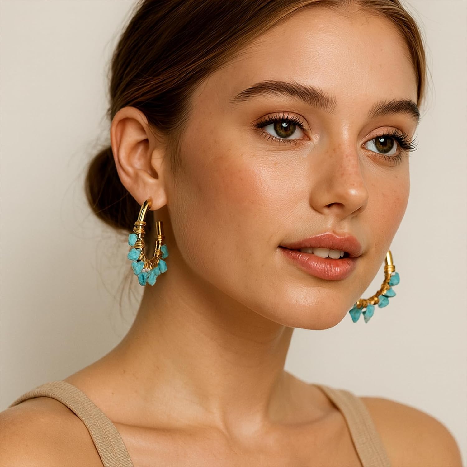 Genuine Turquoise Gold Hoop Earrings Handmade Statement Lightweight Real Western Jewelry for Valentine's Day Gift - Image 4