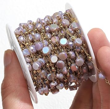 2Meters 1Meter Stainless Steel Colorful Natural Stone Crystal Beaded Chains for Necklace Bracelet Gold Color-Purple 1meter