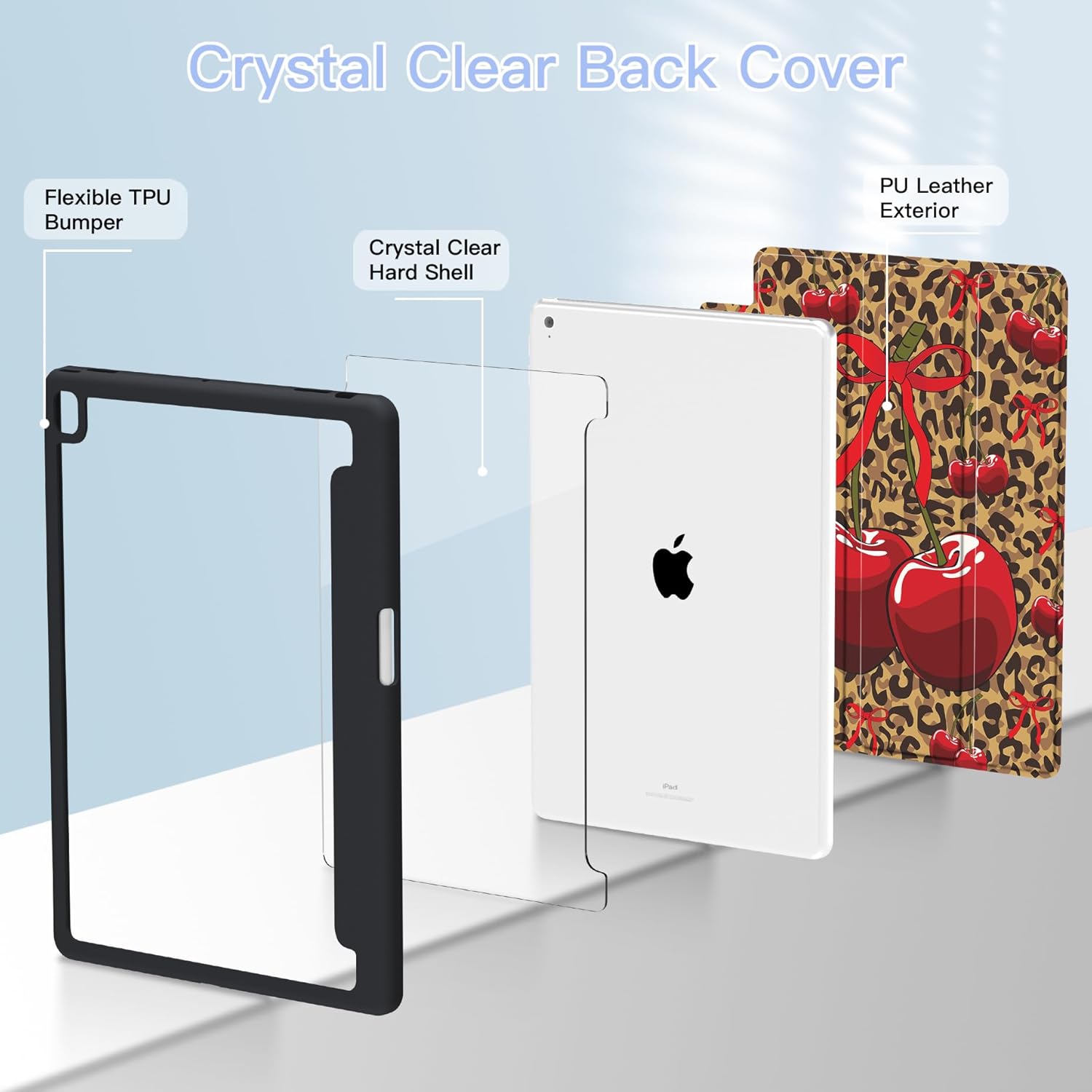 Teryeefi Case for iPad 10.2 iPad 9th Generation 2021/ iPad 8th Generation 2020/ iPad 7th Generation 2019, Clear Hard Back Shell Smart Cover Case with Stand-Auto Wake/Sleep (Leopard Print Cherry)