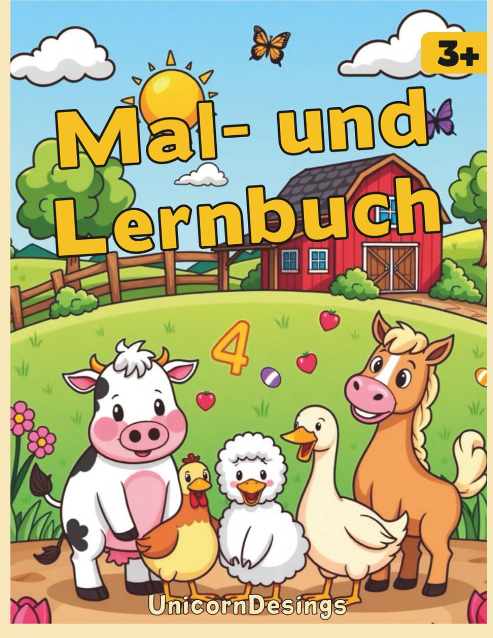 Großes Ausmalbuch mit Bauernhoftieren für Kinder ab 3 Jahren: Zählen lernen mit Kuh, Pferd, Schwein & Huhn