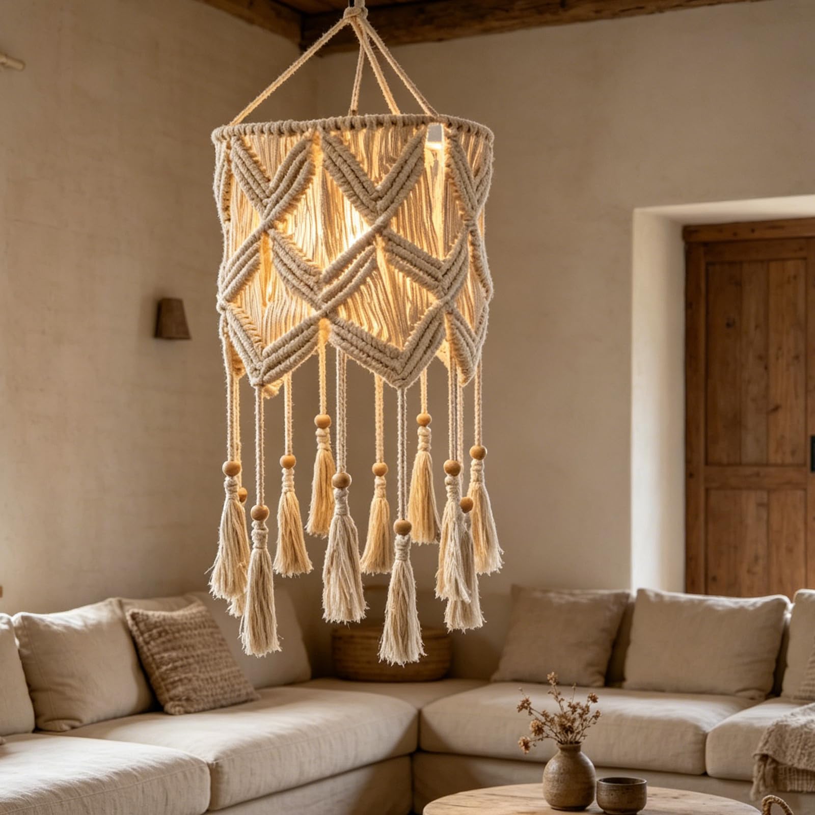 Lámpara de macramé para cocina y salón con estilo bohemio artesanal y casquillo de bombilla E27
