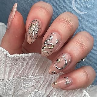 Press on Nails Almond Shaped Glossy Full Cover Medium Almond Acrylic False Nails with Designs Artificial Almond Fake Nails with Charms Glue Stick on Fingernails for Women Girls(JP3676)