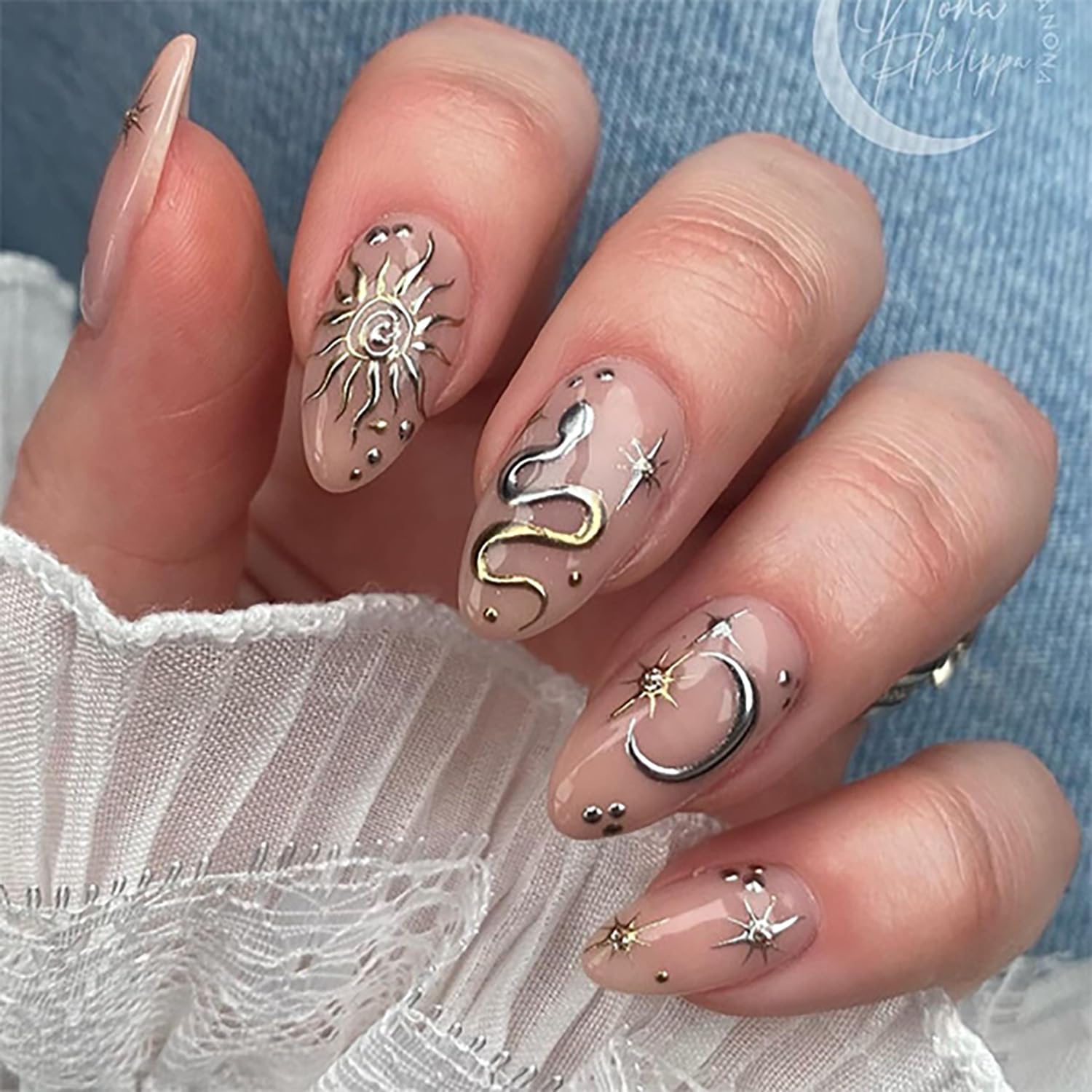 Press on Nails Almond Shaped Glossy Full Cover Medium Almond Acrylic False Nails with Designs Artificial Almond Fake Nails with Charms Glue Stick on Fingernails for Women Girls(JP3676)