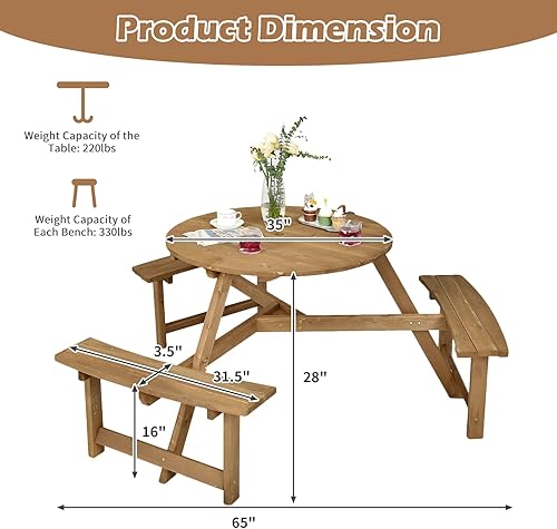 Miniatura 5 de Tangkula Mesa de picnic de madera para 6 personas, mesa redonda de picnic al aire libre con 3 bancos integrados, agujero para paraguas de 1.5