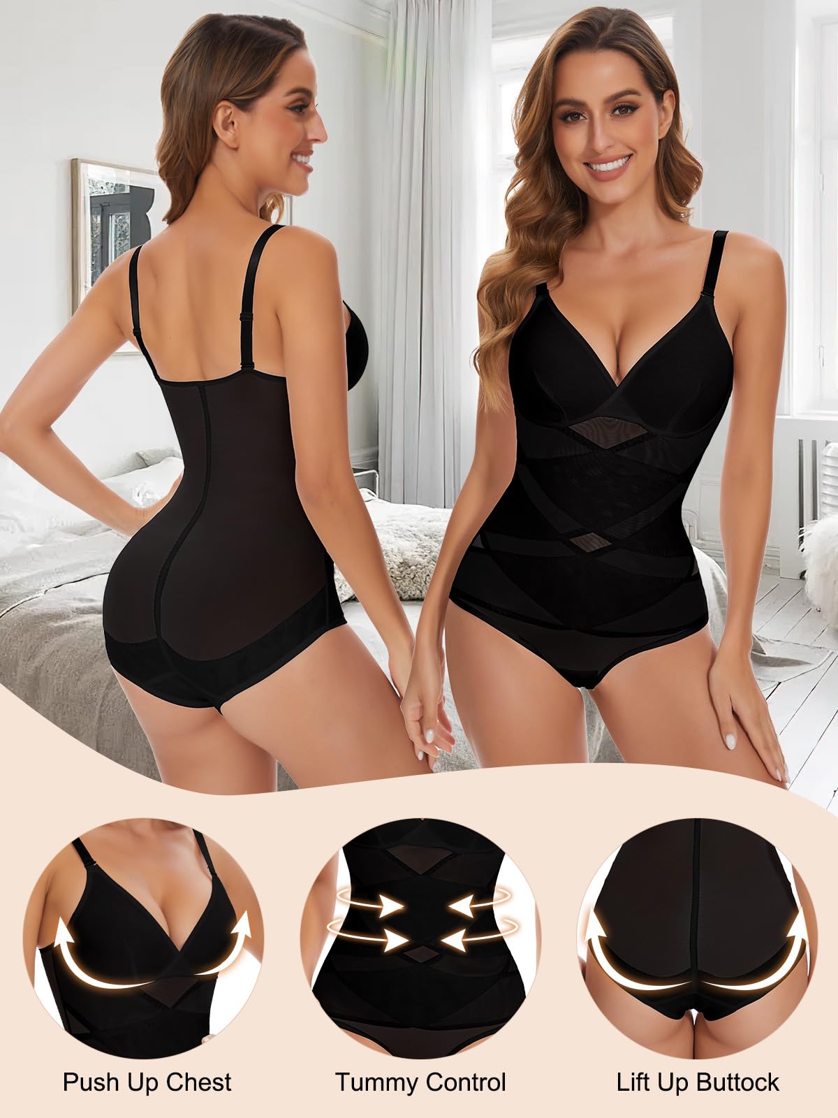 SHAPERIN Damen Bauchweg Body Shaper V-Ausschnitt Formender Body Taillenformer Nahtlose Miederbody Bodysuit Top