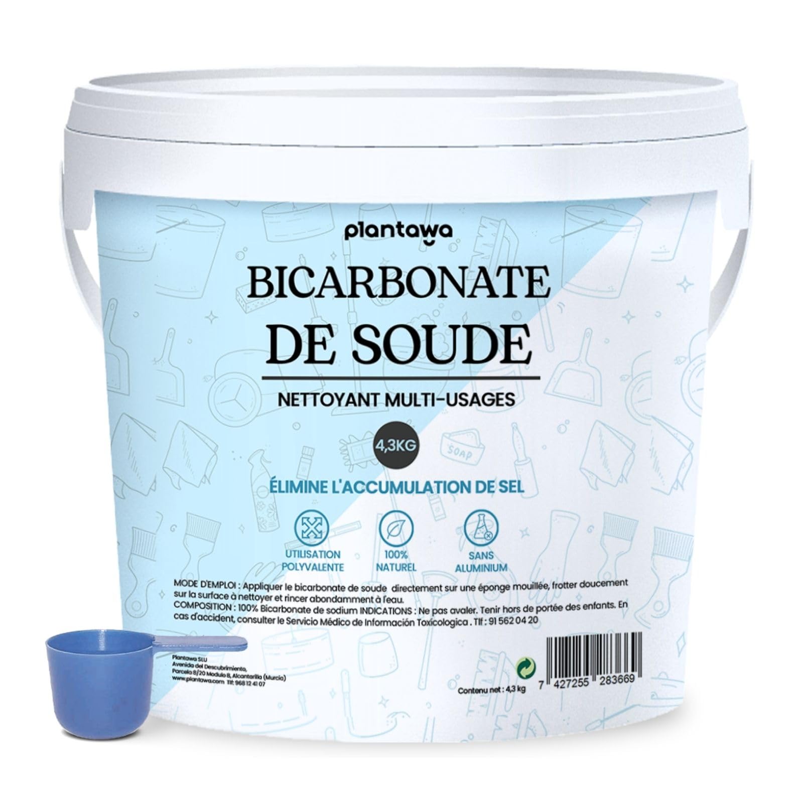 PLANTAWA Bicarbonate de Soude Ménager 4,3kg | Bicarbonate de Soude Multi-Usages | Détachant, Blanchissant et Élimine Odeurs et Graisse | Origine Naturelle et Pure