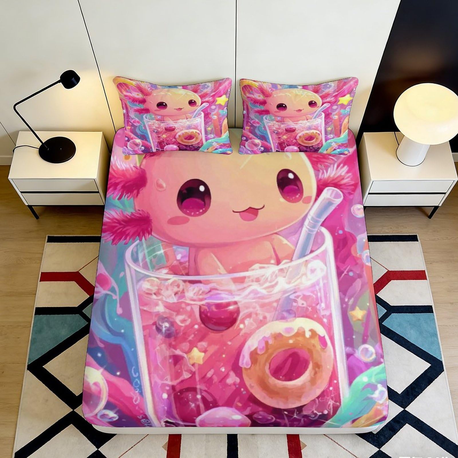 3D Printed Cute Axolotl Fitted Sheet Microfiber Pink Cartoon Drink Bed Sheet Non-Slip Machine Washable for Bedroom Guestroom 90x200x25cm