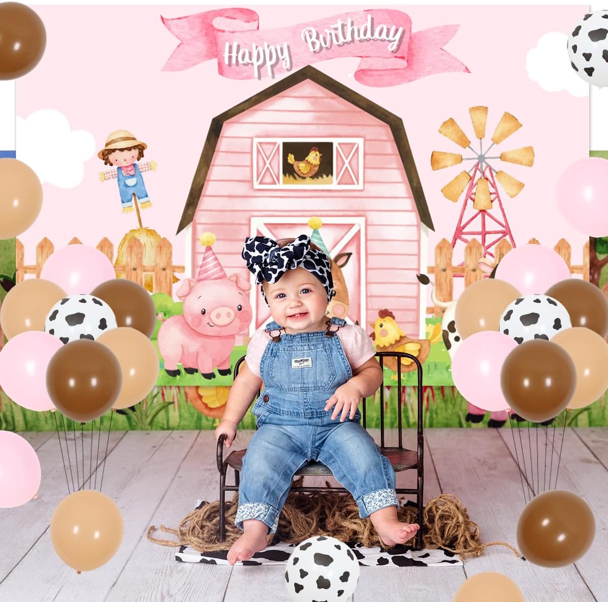 Farm Animal Birthday Party Decorations for Girls Pink Farm Barnyard Happy Birthday Backdrop Banner Cake Toppers Farmhouse Animals Decor Tablecloth Balloons for 1st 2nd Farmyard Bday Supply