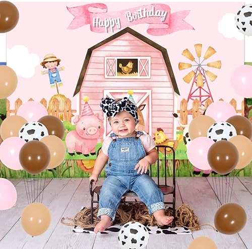 Miniatura 5 de Decoraciones de fiesta de cumpleaños de animales de granja para niñas, decoración de fondo rosa de granjero de granja de feliz cumpleaños,