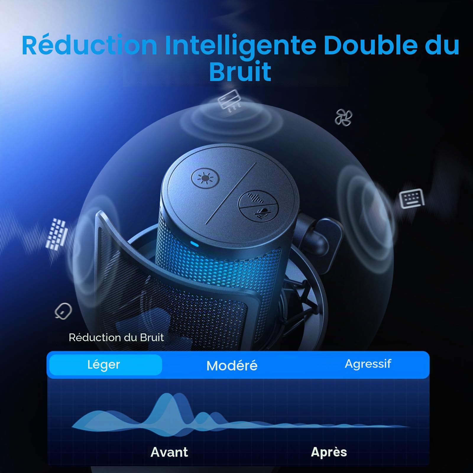 MAONO DGM20W Micro Gaming sans Fil pour PC, Micro USB & 2,4 GHz pour Streaming avec Éclairage RGB, Réduction du Bruit, Logiciel, Tap-to-Mute & Monitoring en Temps Réel pour Gaming, Twitch & Discord