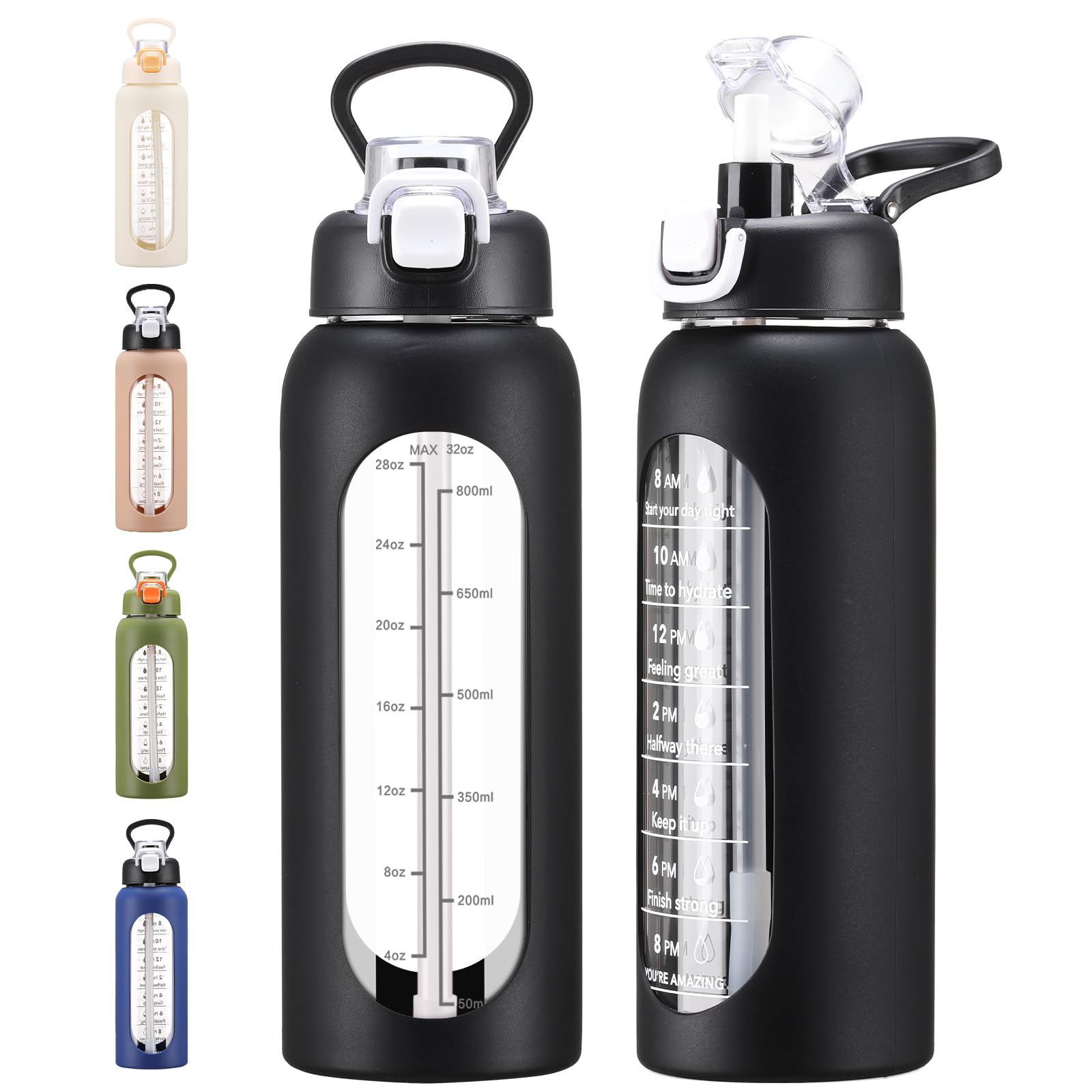 Motivierende Wasserflasche 1,2 L Mit Zeitmarkierung – Glas Mit Silikonhülle & Griff