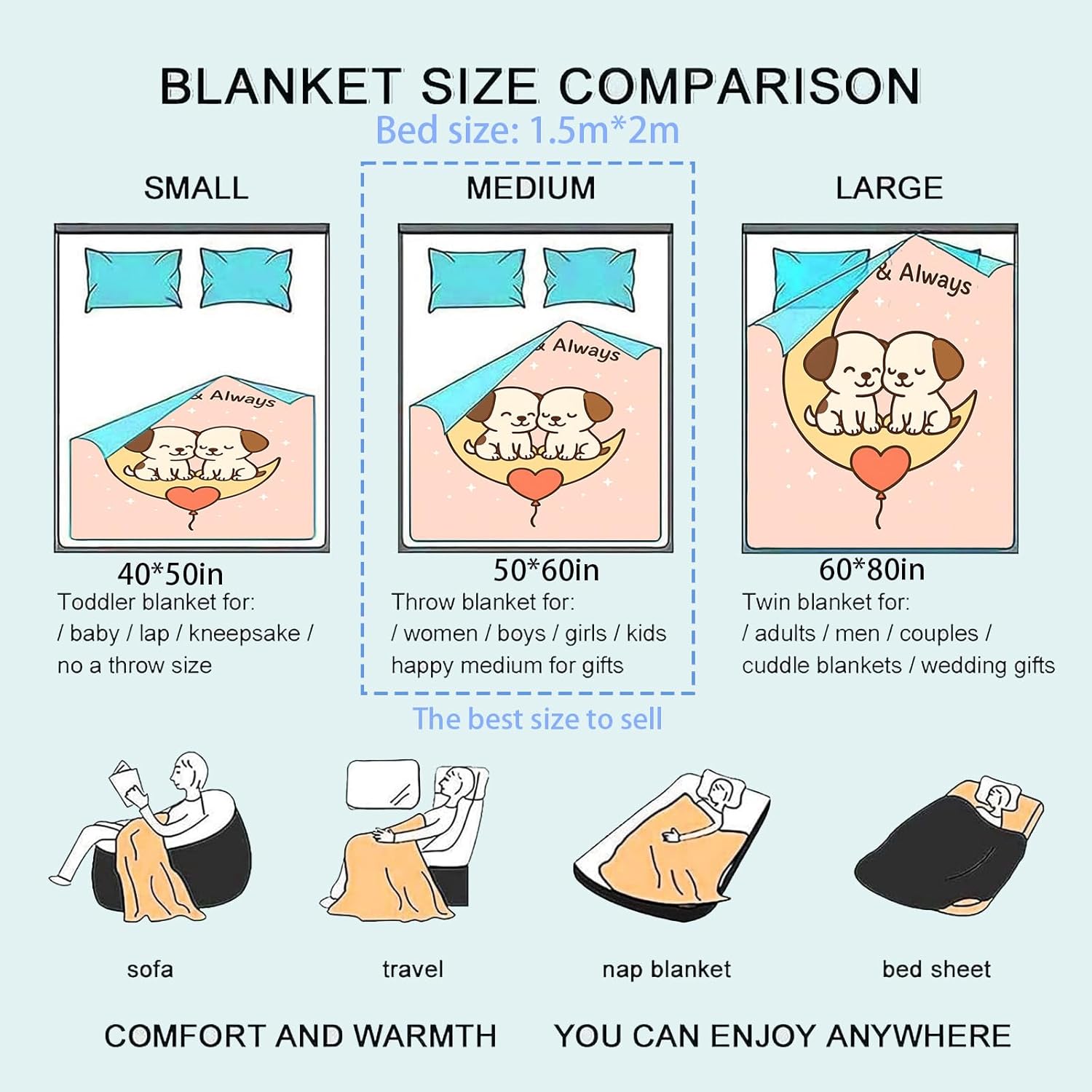 Cute Cartoon Puppy Flannel Blanket, Romantic Moon with Forever and Always Quote Throw Blankets Lightweight Soft Cozy for Chair Bed Sofa Camping Travel, Home Decor, Gifts for Dog Lovers, 50x60in - Image 3