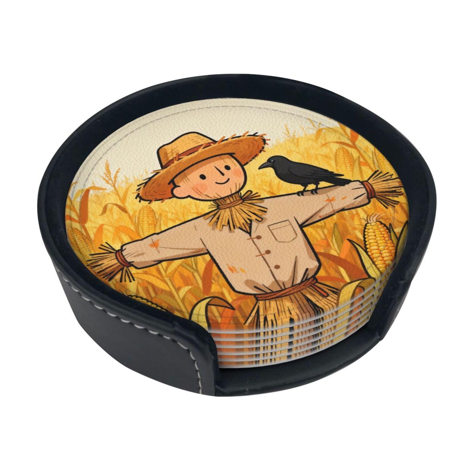 Cntdbu White Scarecrow And Bird Leather Coasters Set Of 6-Pu Leather Drink Mats For Table, Heat Resistant Round Coasters With Holder