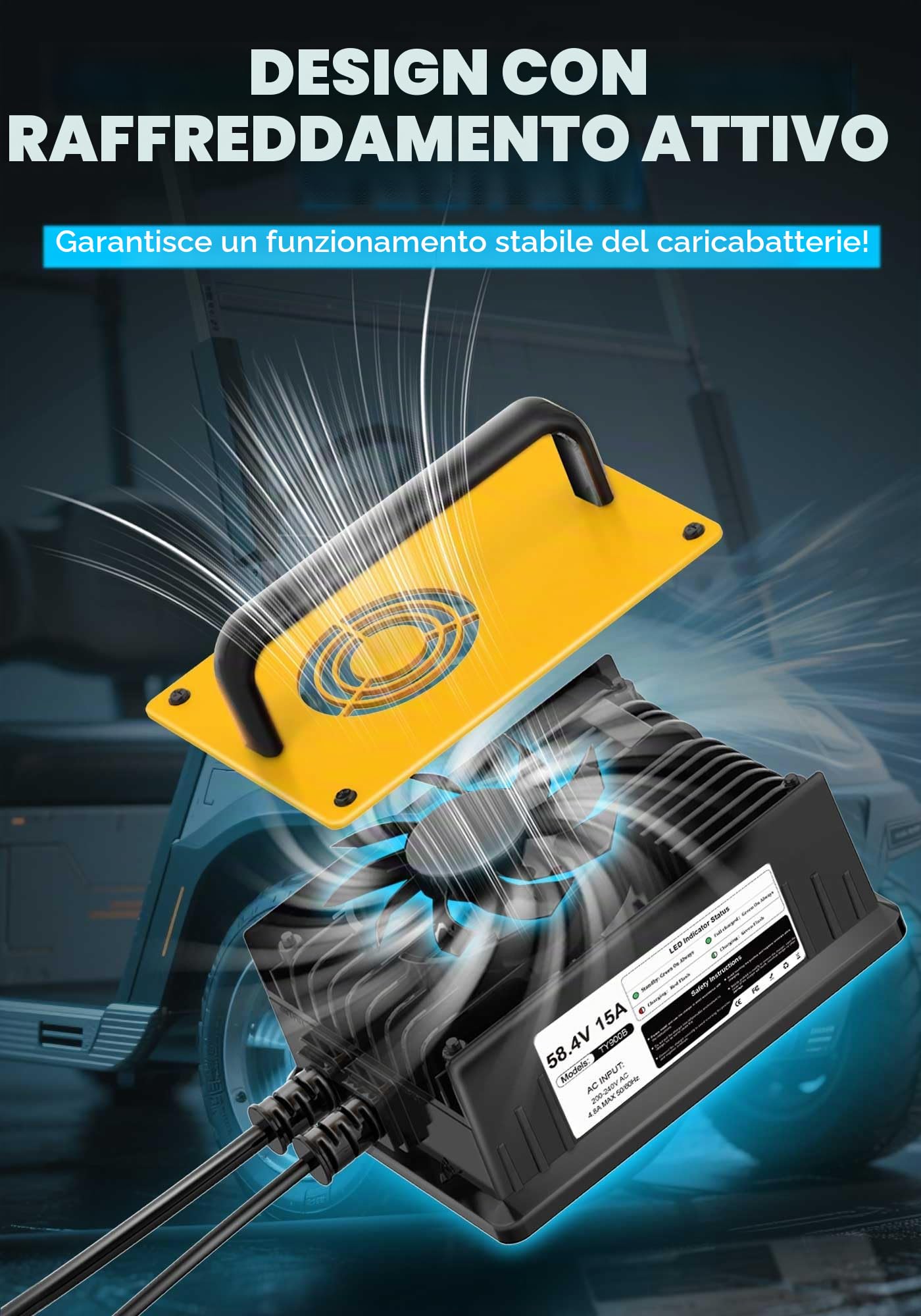 Caricabatterie Litio LiFePO4 48V(58,4V) 15A per LiFePO4 Batterie 48V(51,2V) | Impermeabile IP67 con Ventola di Raffreddamento, Adatto per Golf Cart, Barca, Camper, Solare