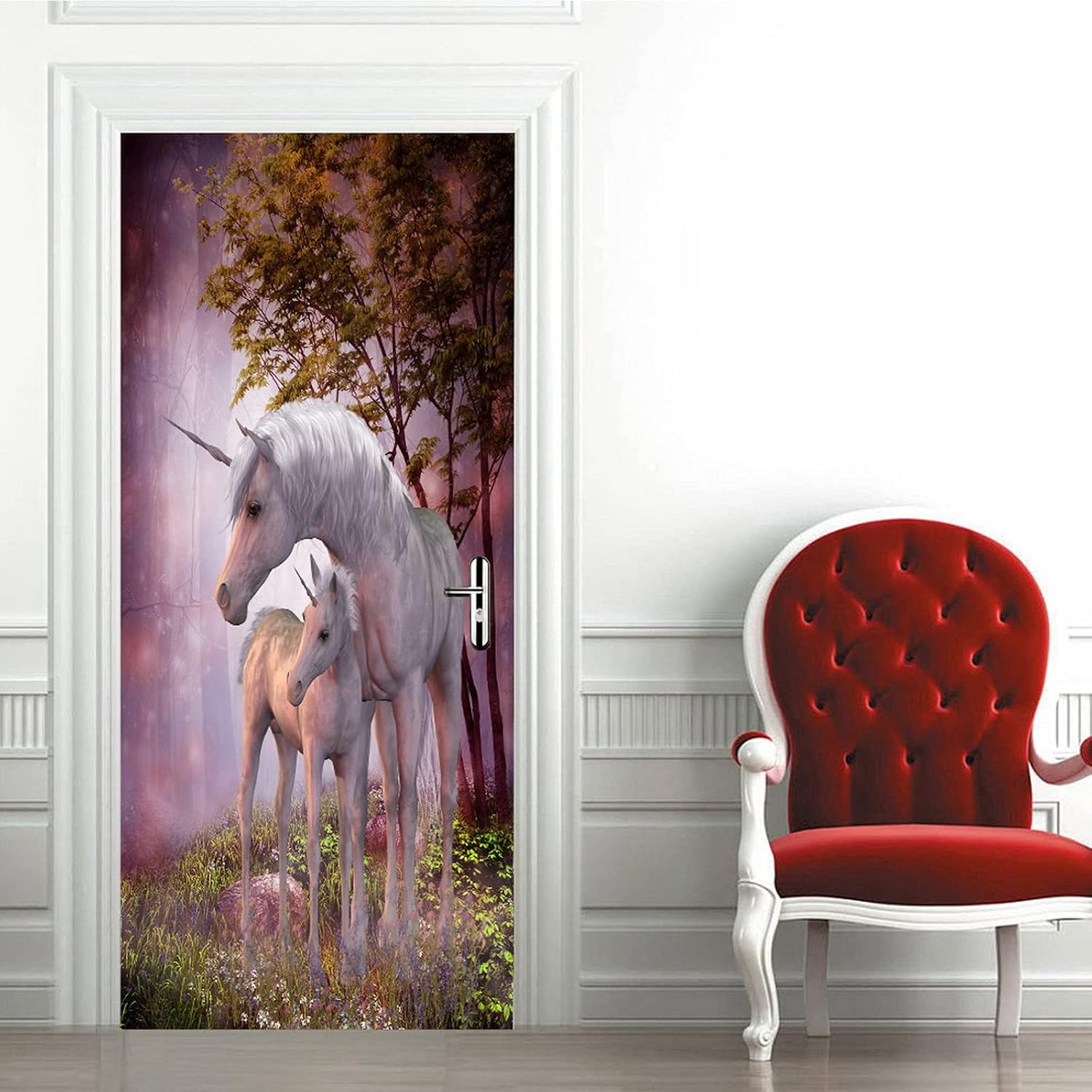 A.Monamour 3D Door Stickers for Interior Doors Baby Unicorn and Mother Unicorn in Magical Forest Vinyl Waterproof Self Adhesive Door Mural Decals for Bedroom Office Bathroom 77 x 200 cm