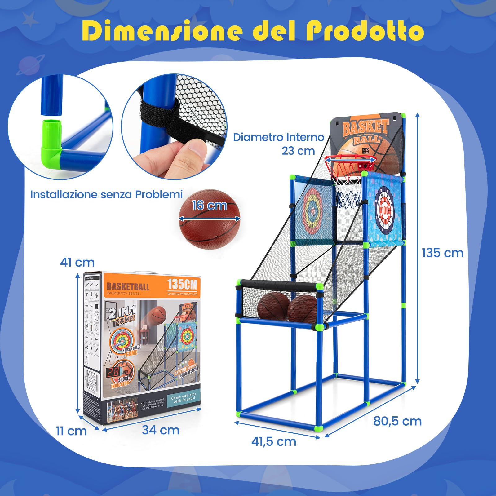 COSTWAY Macchina da Pallacanestro per Bambini, Set Giochi 2-in-1 da Interno ed Esterno per Basket e Palline Attaccanti con Segnapunti Elettronico ed Effetti Sonori, Regalo per Bambini e Bambine 3+