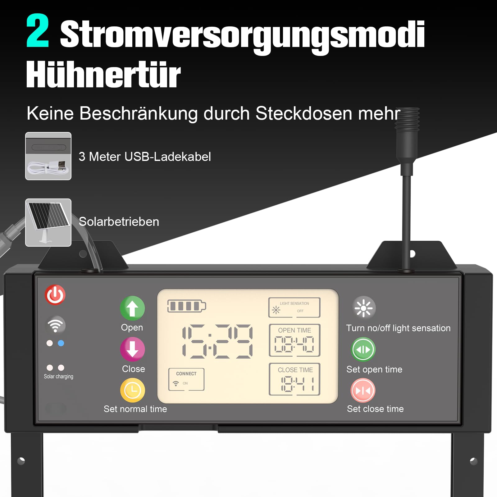 Gallinero automático solar con control por aplicación WiFi, puerta eléctrica automática con batería de 4000 mAh, temporizador, sensor de luz, protección contra pellizcos, pantalla LCD para gallinero