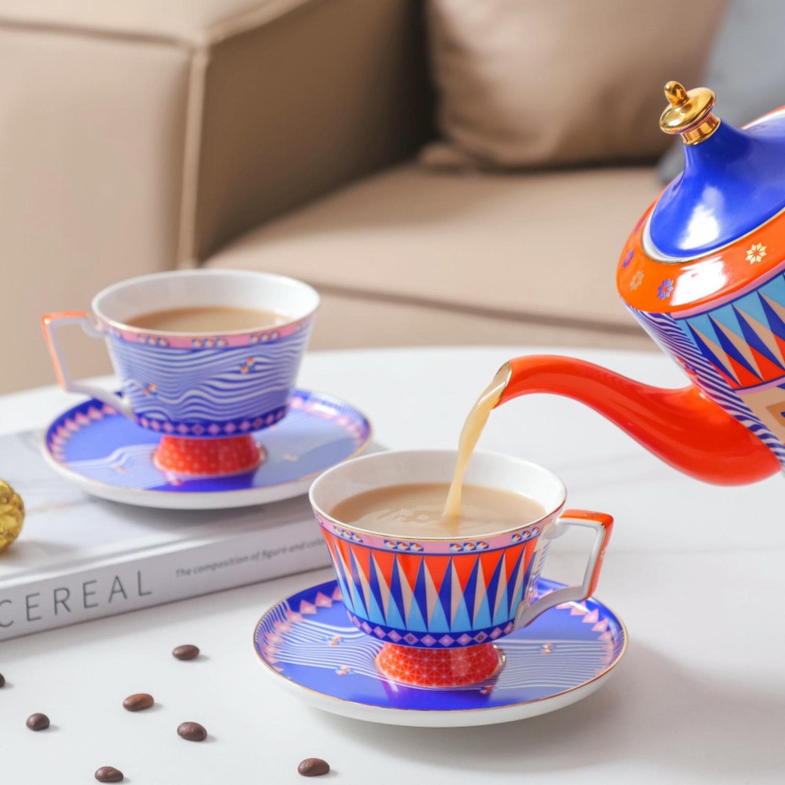 Taza de café de porcelana china creativa y personalizada, taza y platillo de cerámica para té de la tarde en casa, 1 olla, 4 tazas, 4 platillos, 4 cucharas, Knight Voyage, juego de caja