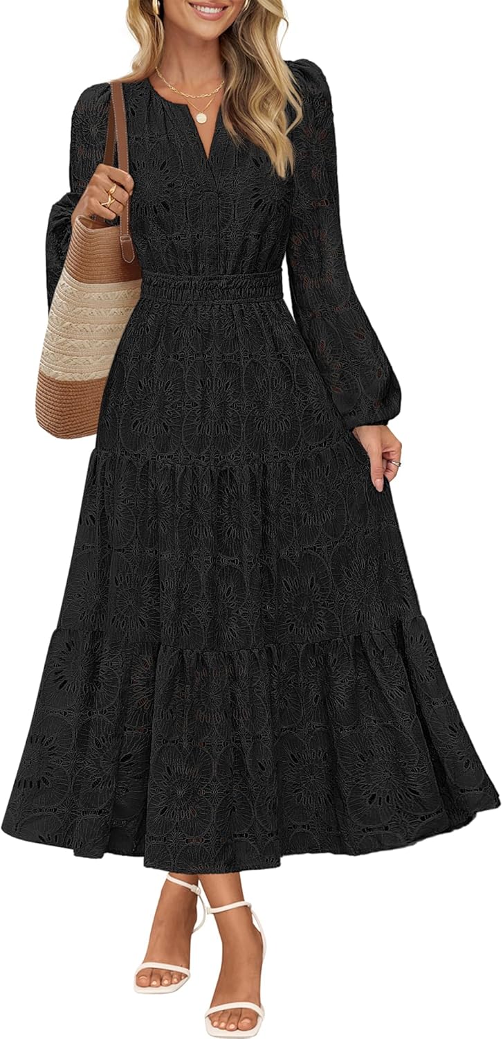 MEROKEETY Women's Fall Long Sleeve Floral Maxi Dress Lace Eyelet Hollow Out Tiered Boho Wedding Guest Dresses Pockets