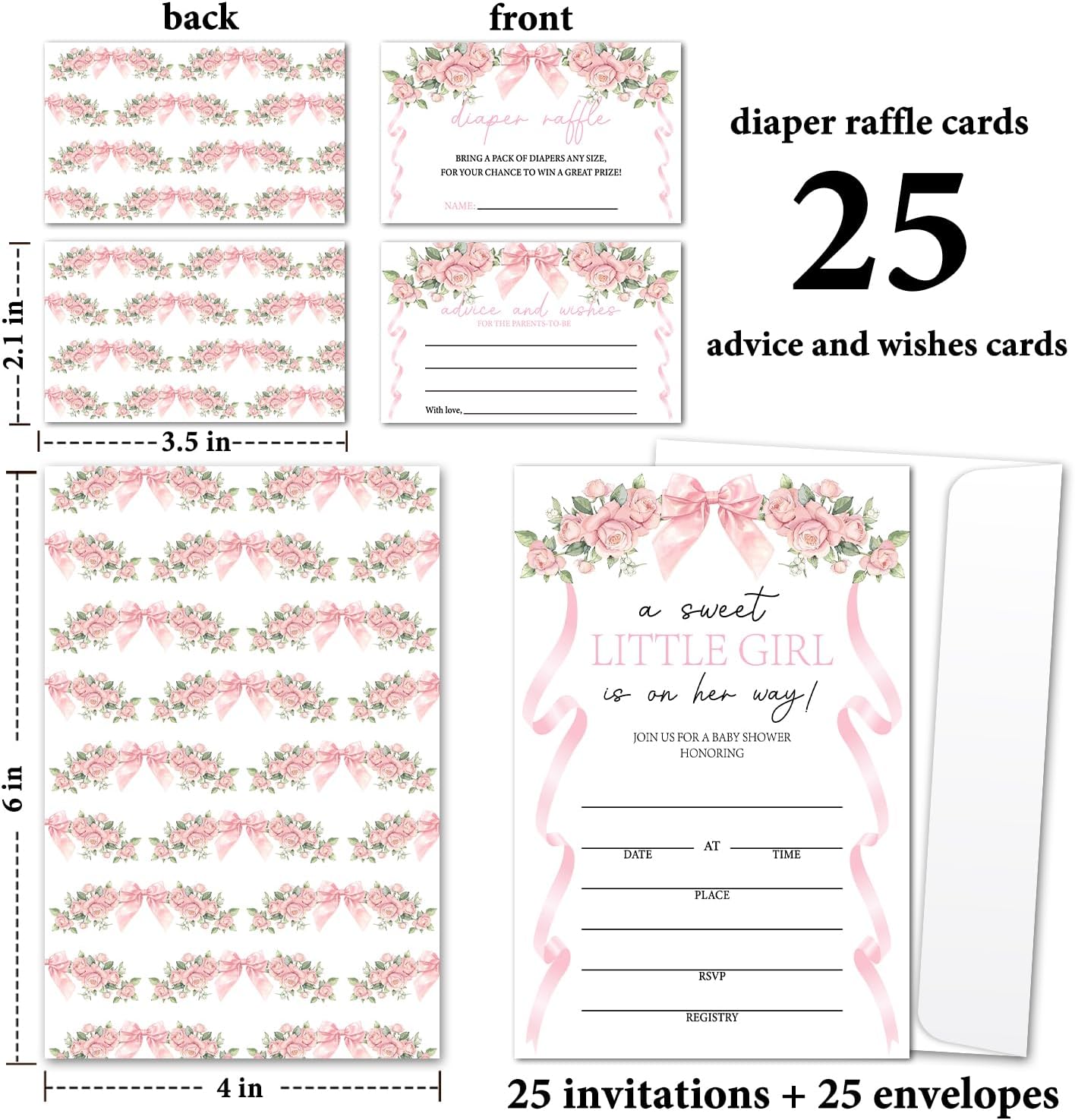 A Sweet Little Girl Is On Her Way Baby Shower Invitations, 25 Baby Shower Invitations with Envelopes, Pink Bow Floral Ribbon Toile Gender Reveal Party Supplies /22