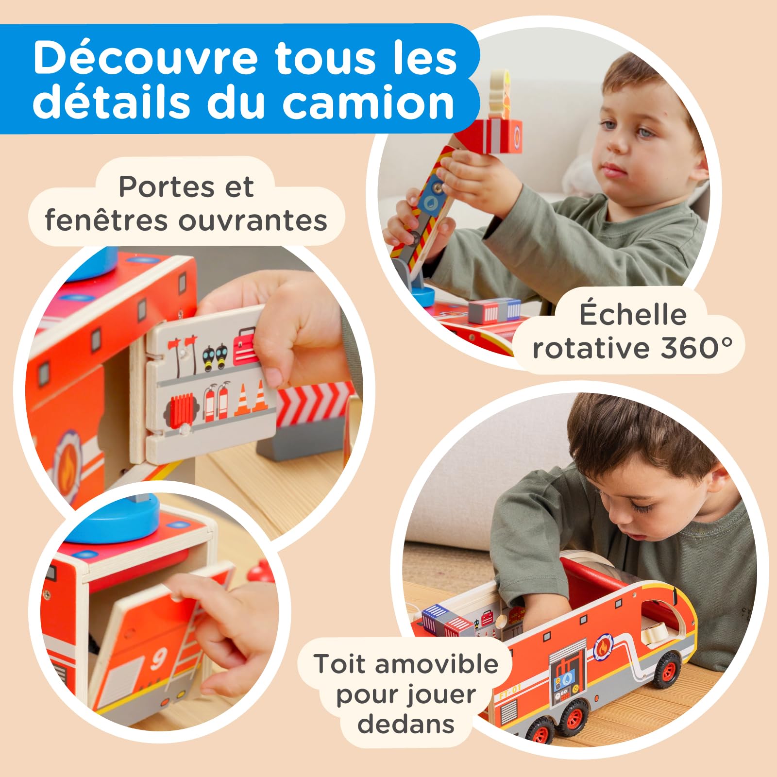Nene Toys Camion de Pompiers en Bois – Jouet Éducatif Magnétique pour Enfants dès 2 Ans – Échelle Rotative 360°, Tuyaux Magnétiques, Hydrant, Pompiers & Dalmatien – Jouet Montessori FSC Cadeau