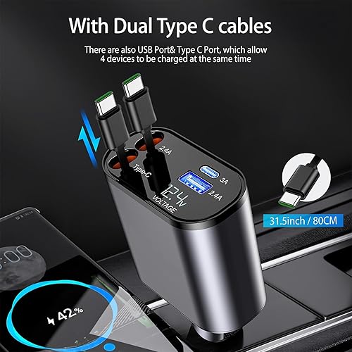 Miniatura 3 de Cargador de coche para iPhone 15 de carga rápida, 120 W 4 en 1, adaptador de cargador rápido para iPhone con cable USB C a C retráctil y 2 puertos